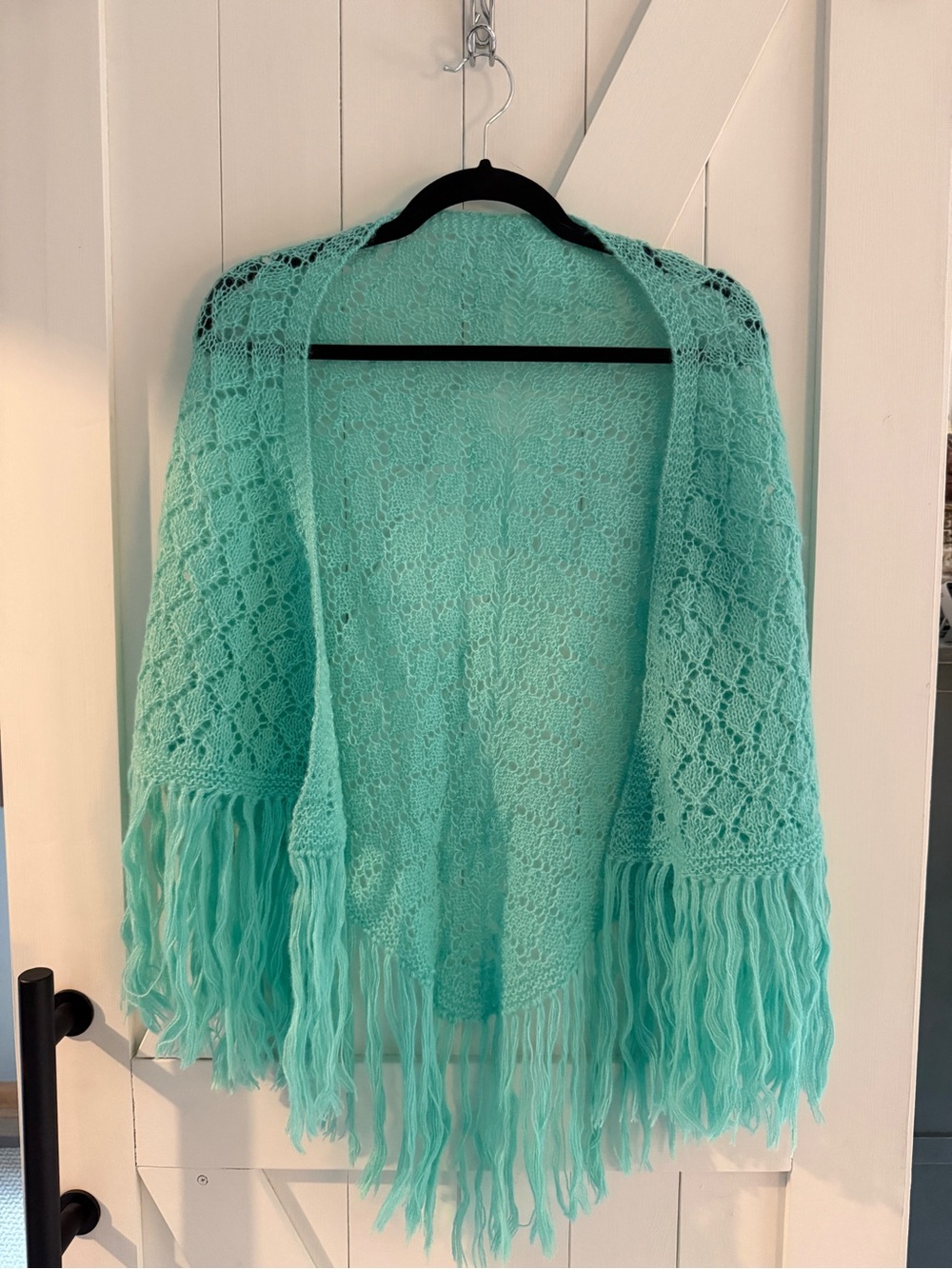Light Aqua Fringe Knit Shawl